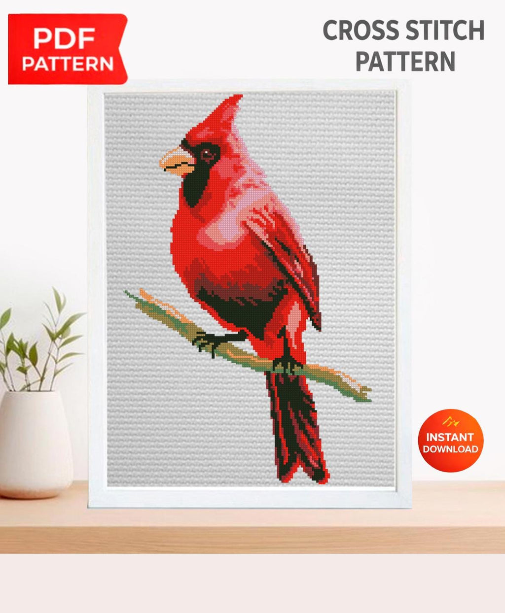 Red Cardinal Bird Cross Stitch Pattern PDF, Northern Cardinal Embroidery Design, Garden Bird Needlepoint Chart, Bird Lover Gift,Wildlife Art - NuttyHappyHobby
