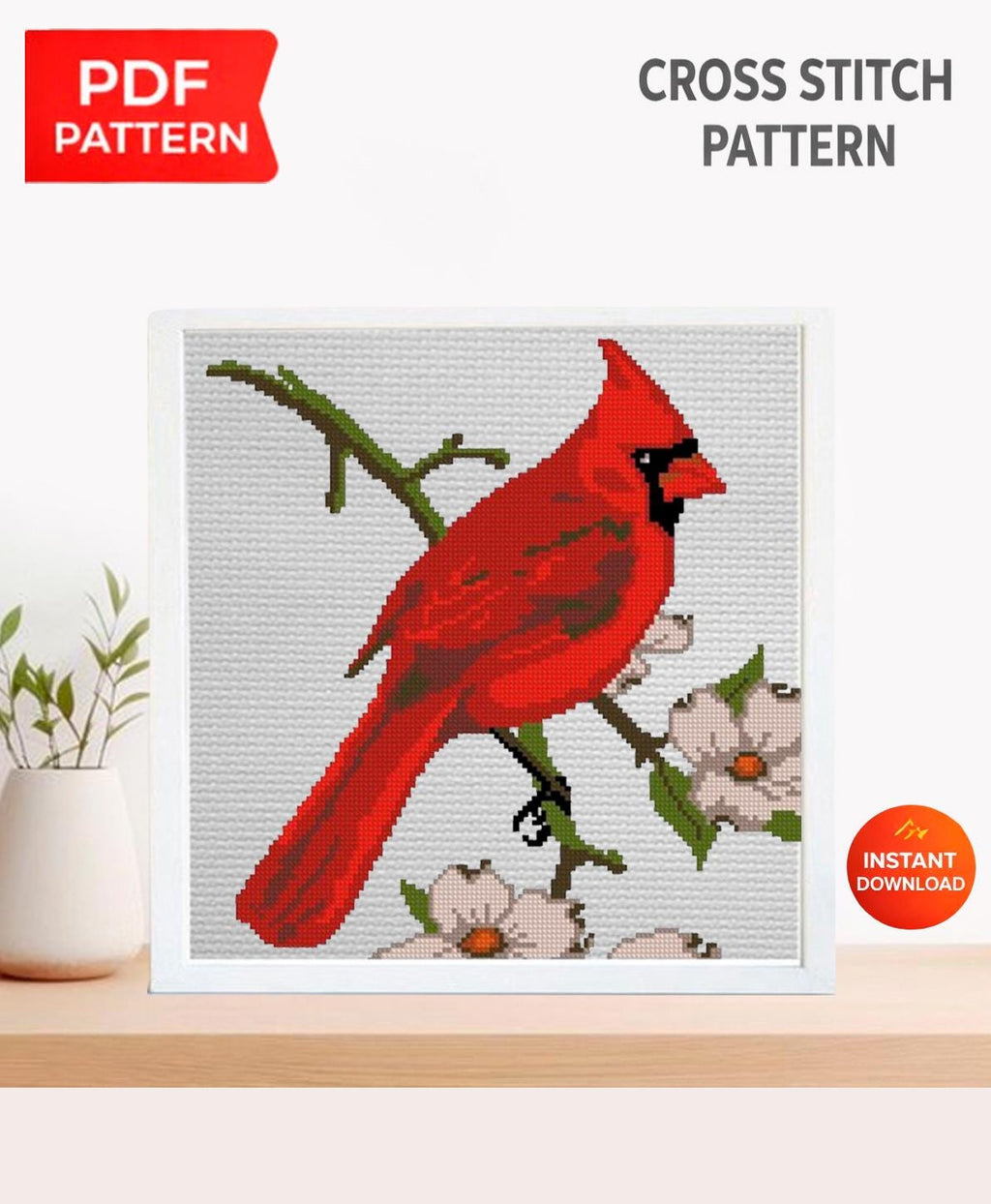 Red Cardinal Cross Stitch Pattern PDF, Cardinal Bird Embroidery Design, Garden Bird Cross Stitch Chart, Nature Needlepoint, instant download - NuttyHappyHobby