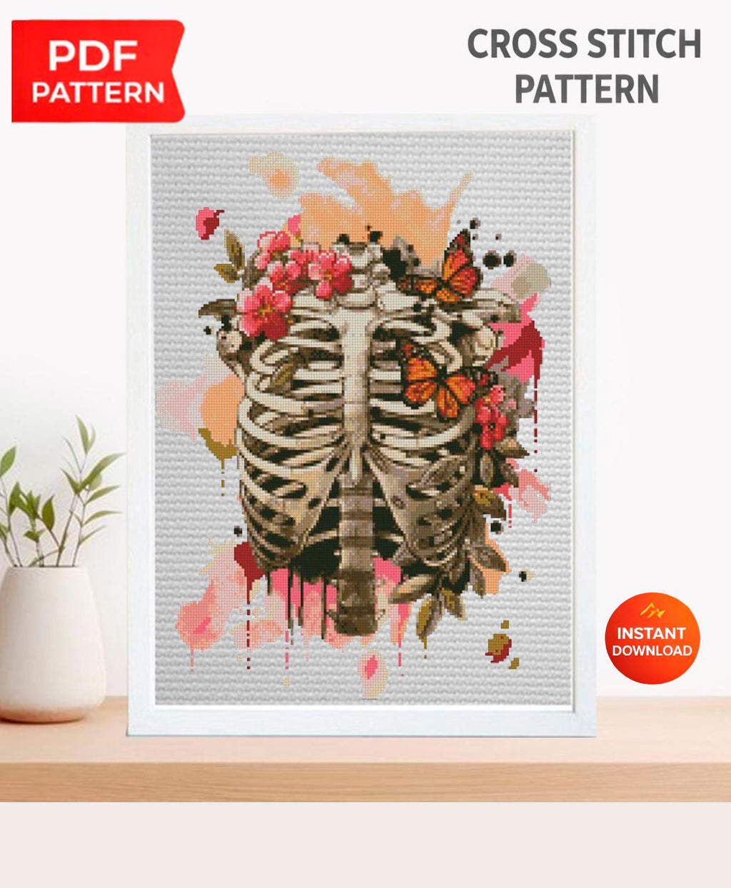 Rib Cage Cross Stitch Pattern PDF, Floral Skeleton Embroidery Chart, Anatomical Ribs Art, Gothic Needlepoint Design, Dark Academia Decor - NuttyHappyHobby