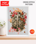 Rib Cage Cross Stitch Pattern PDF, Floral Skeleton Embroidery Chart, Anatomical Ribs Art, Gothic Needlepoint Design, Dark Academia Decor - NuttyHappyHobby
