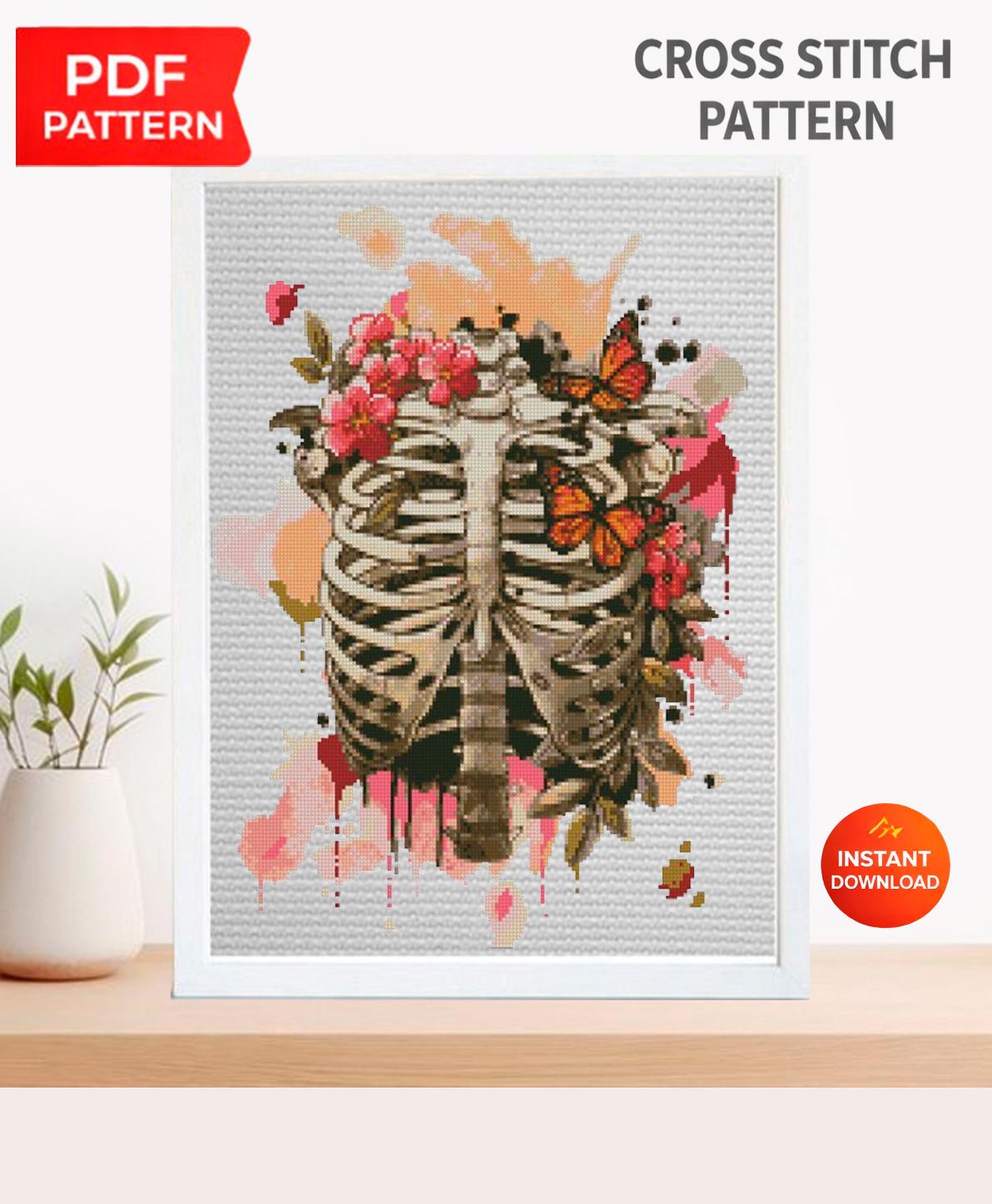 Rib Cage Cross Stitch Pattern PDF, Floral Skeleton Embroidery Chart, Anatomical Ribs Art, Gothic Needlepoint Design, Dark Academia Decor - NuttyHappyHobby