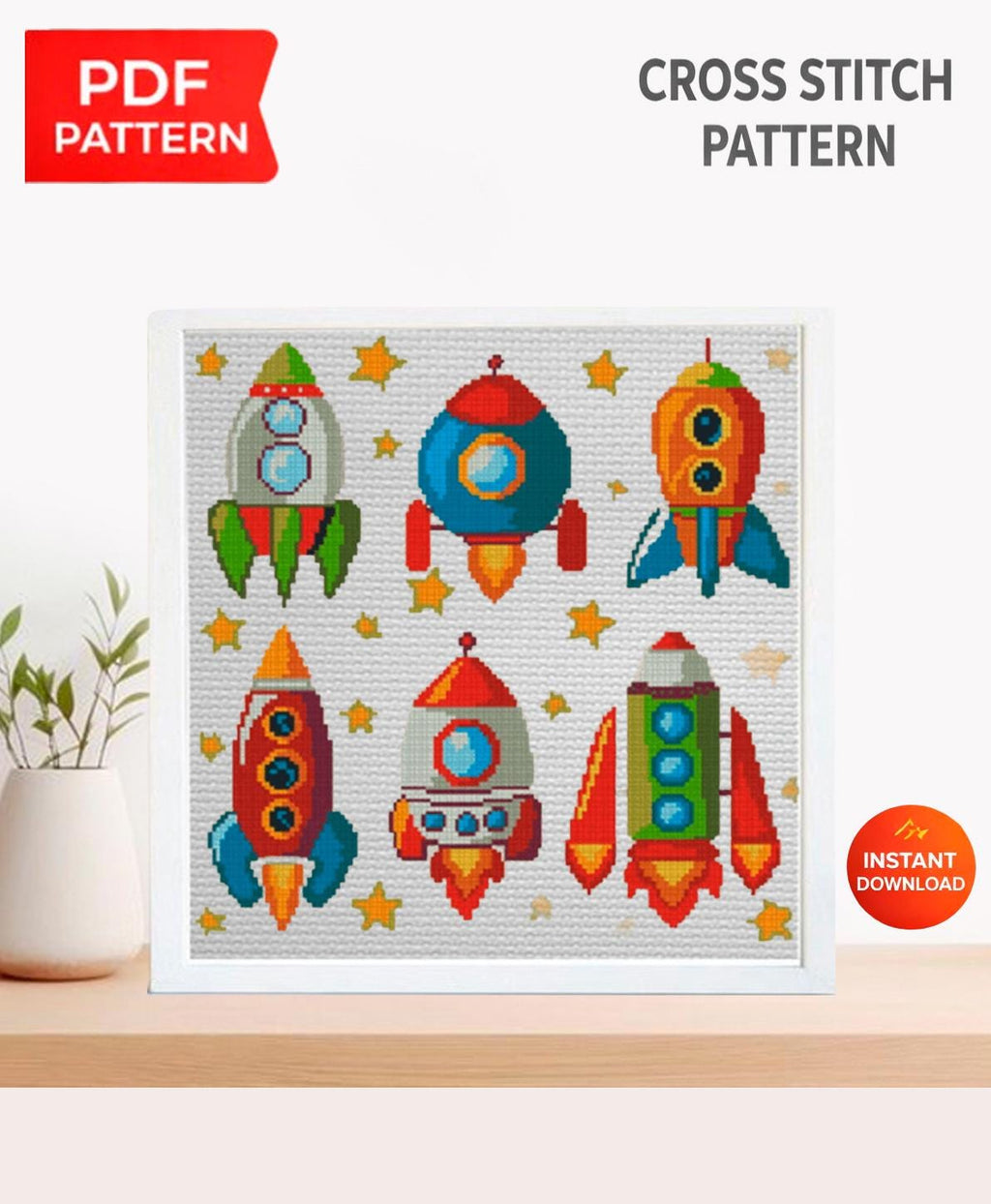 Rocket Cross Stitch Pattern PDF, Cute Space Rocket Embroidery Design, Kids Space Nursery Cross Stitch Chart, Cartoon Rocket Needlework - NuttyHappyHobby