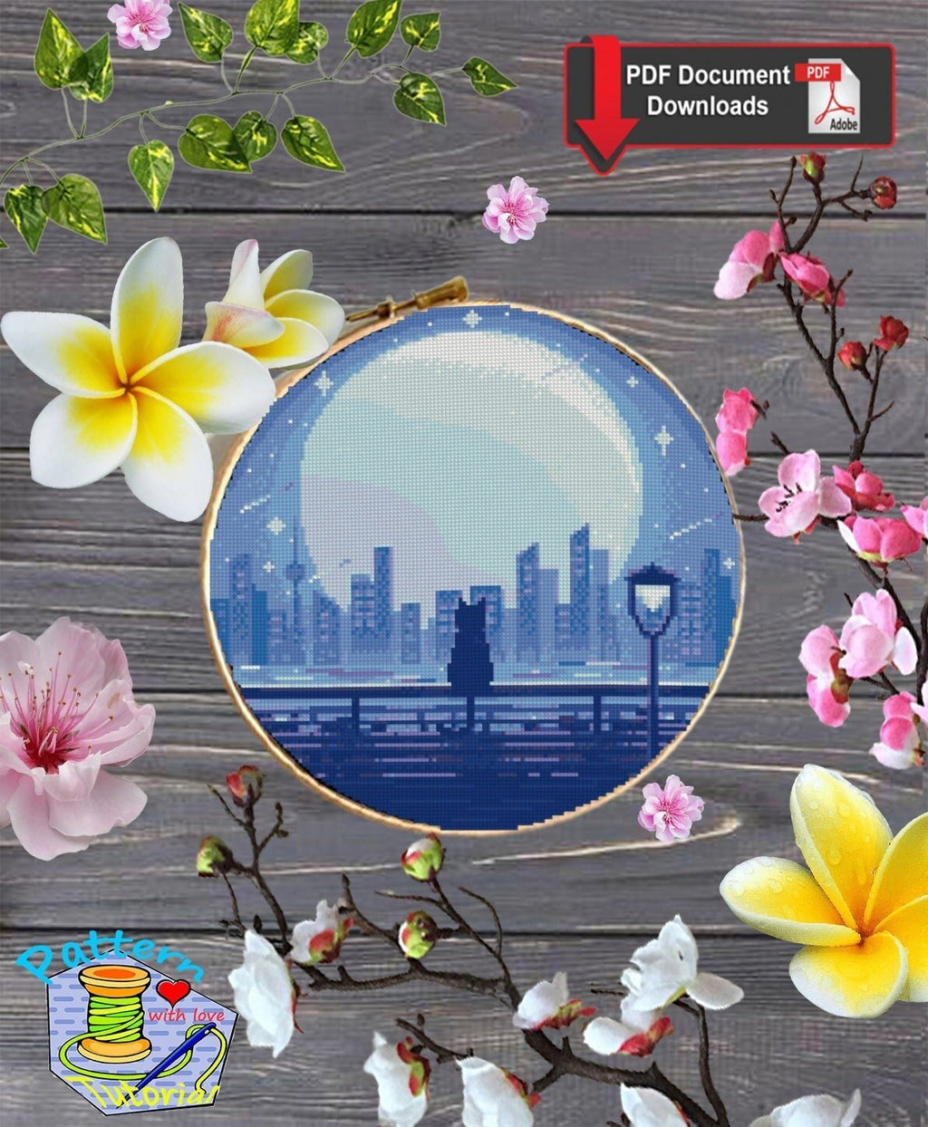 Romantic City Cat Cross Stitch Pattern PDF, Couple Night City Skyline Embroidery Design, Modern Landscape Hoop Art Digital Download pdf - NuttyHappyHobby