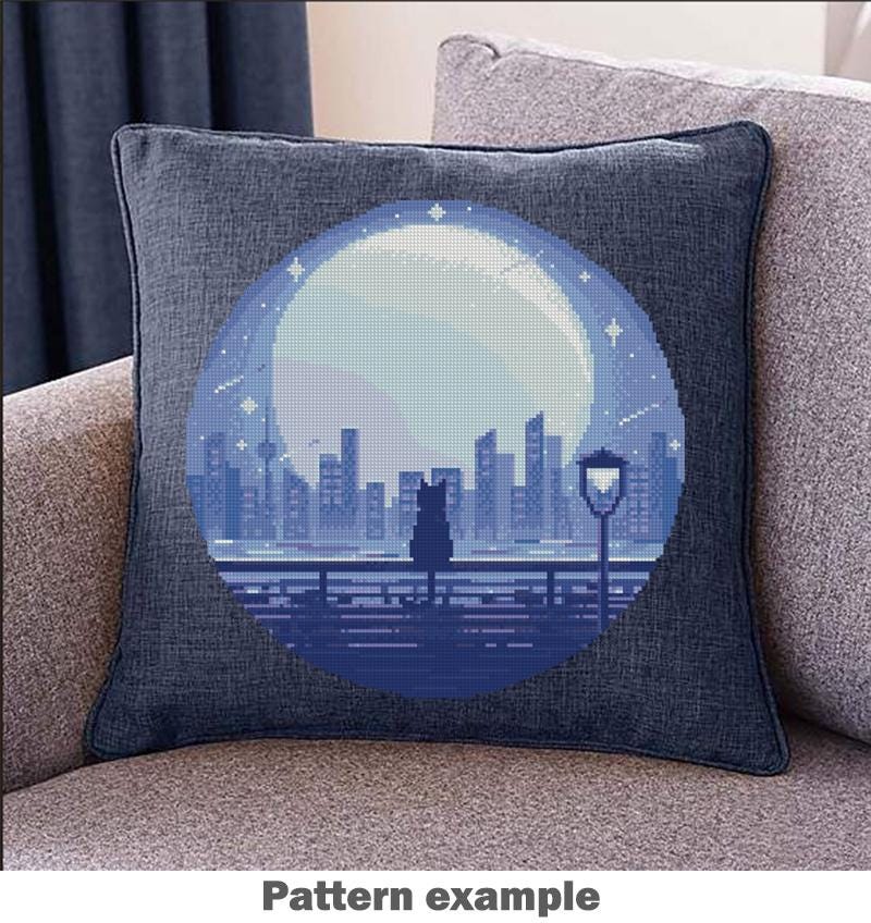 Romantic City Cat Cross Stitch Pattern PDF, Couple Night City Skyline Embroidery Design, Modern Landscape Hoop Art Digital Download pdf - NuttyHappyHobby