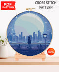 Romantic City Cat Cross Stitch Pattern PDF, Couple Night City Skyline Embroidery Design, Modern Landscape Hoop Art Digital Download pdf - NuttyHappyHobby
