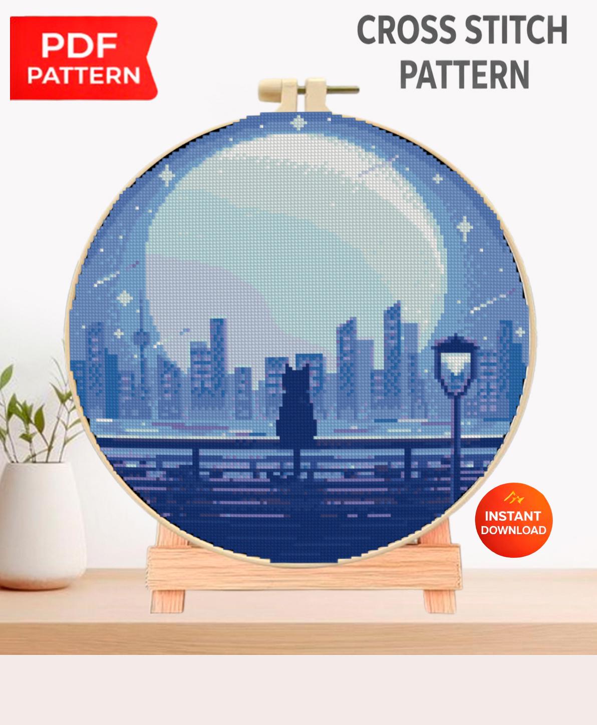 Romantic City Cat Cross Stitch Pattern PDF, Couple Night City Skyline Embroidery Design, Modern Landscape Hoop Art Digital Download pdf - NuttyHappyHobby