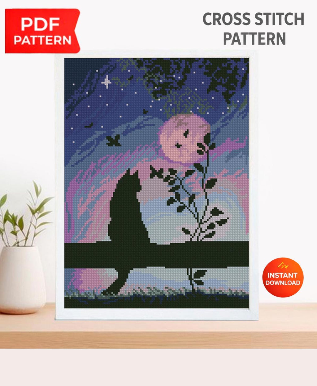 Romantic City Cat Cross Stitch Pattern PDF, Couple Night City Skyline Embroidery Design, Modern Landscape Hoop Art Digital Download pdf file - NuttyHappyHobby
