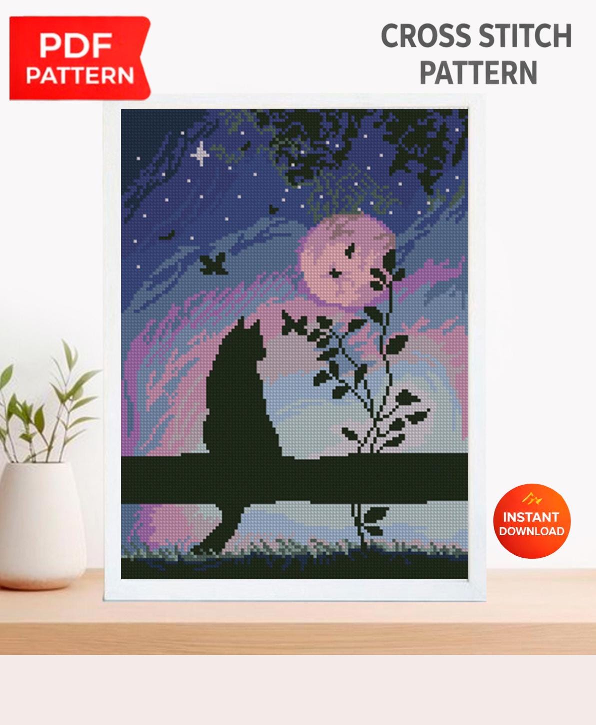 Romantic City Cat Cross Stitch Pattern PDF, Couple Night City Skyline Embroidery Design, Modern Landscape Hoop Art Digital Download pdf file - NuttyHappyHobby