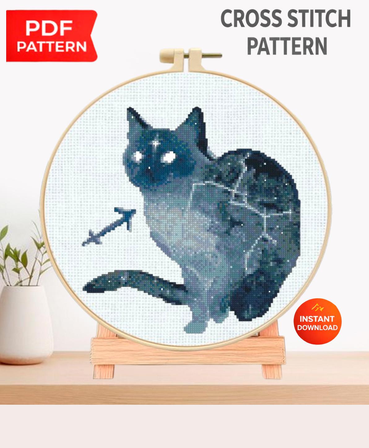 Sagittarius Cat Cross Stitch Pattern PDF, Zodiac Cat Embroidery Design, Astrology Constellation Cross Stitch Chart, Horoscope Needlework - NuttyHappyHobby
