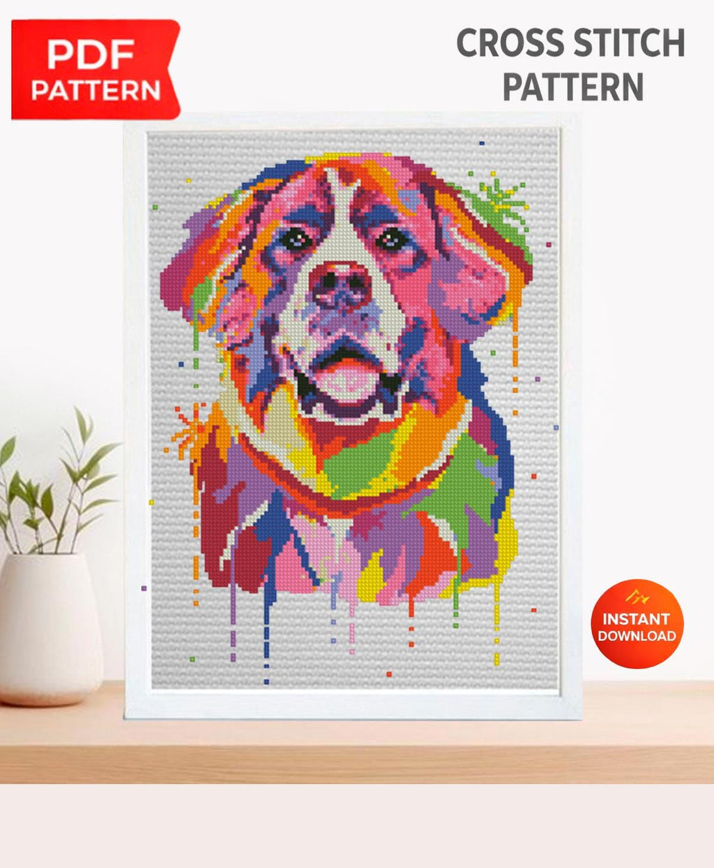 Saint Bernard Cross Stitch Pattern PDF, Colorful Dog Portrait Embroidery Design, Modern Saint Bernard Needlework Chart, Dog Lover Gift - NuttyHappyHobby