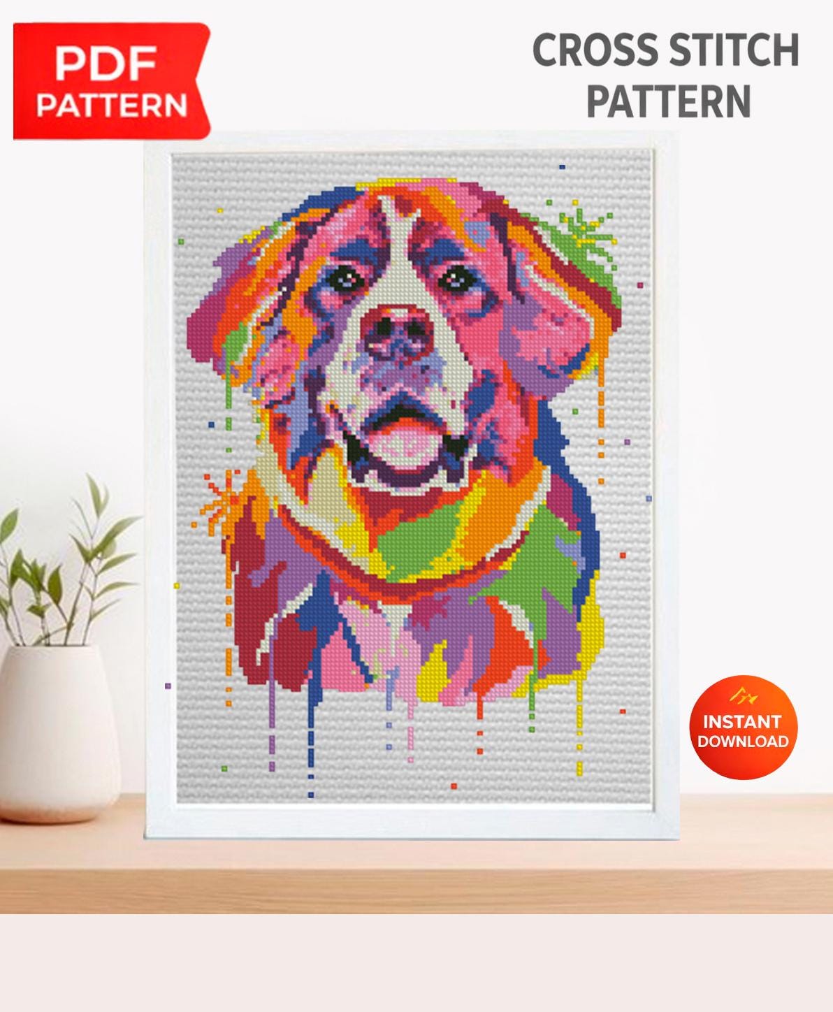 Saint Bernard Cross Stitch Pattern PDF, Colorful Dog Portrait Embroidery Design, Modern Saint Bernard Needlework Chart, Dog Lover Gift - NuttyHappyHobby
