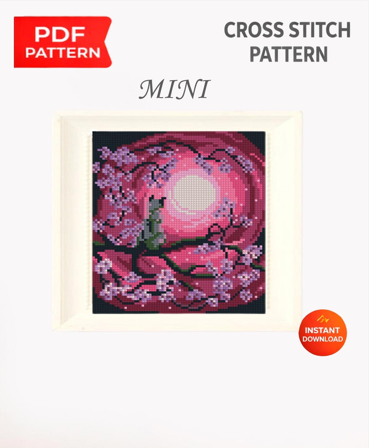 Sakura Moon Cross Stitch Pattern PDF, Pink Cherry Blossom Tree Landscape Embroidery Design,Japanese Style Mini Cross Stitch Digital Download - NuttyHappyHobby