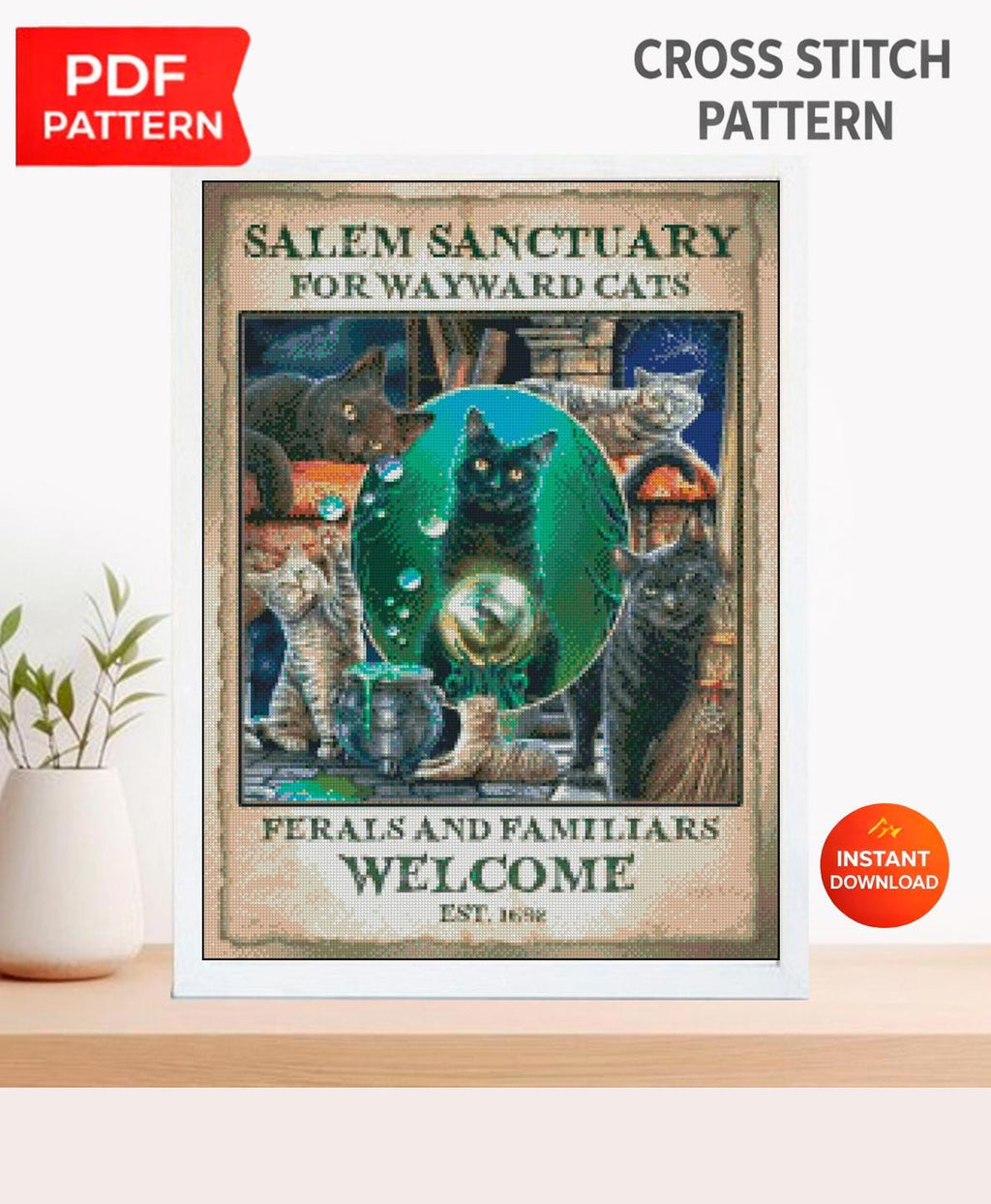 Salem Sanctuary Cat Cross Stitch Pattern PDF, Witchy Cat Embroidery Design, Halloween Cat Cross Stitch, Gothic Cat Decor, Instant Download - NuttyHappyHobby