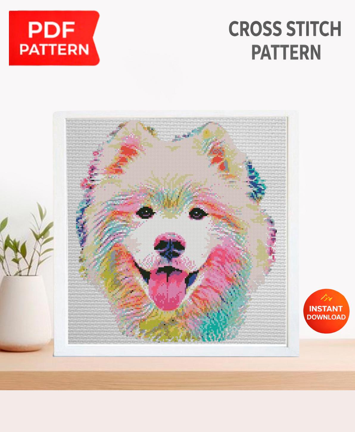 Samoyed Cross Stitch Pattern PDF, Colorful Dog Portrait Embroidery Design, Modern Samoyed Needlework Chart, Dog Lover Gift, download pdf - NuttyHappyHobby