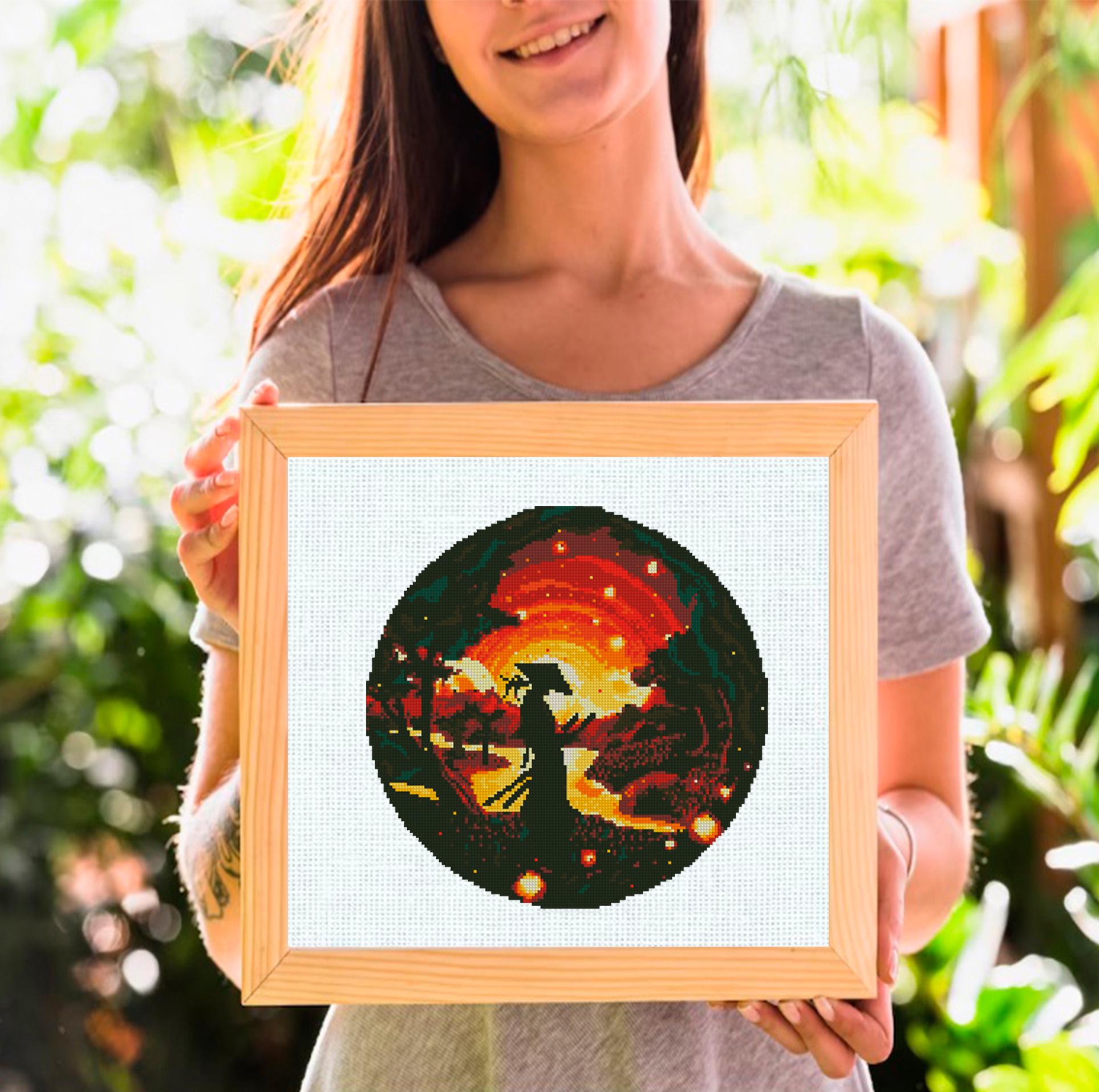 Samurai Cross Stitch Pattern PDF, Japanese Warrior Sunset Landscape Embroidery Design, Samurai Silhouette Cross Stitch Digital Download - NuttyHappyHobby