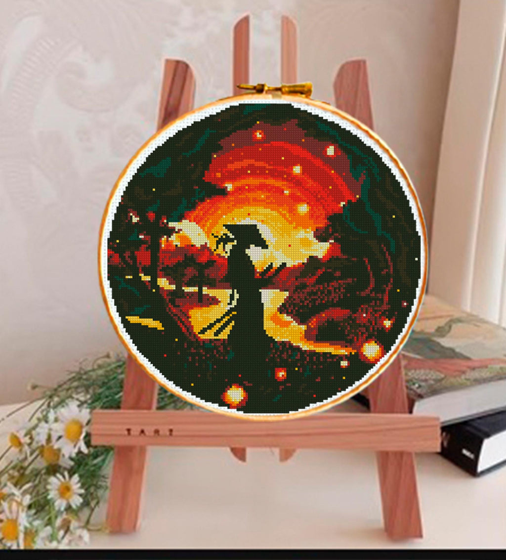 Samurai Cross Stitch Pattern PDF, Japanese Warrior Sunset Landscape Embroidery Design, Samurai Silhouette Cross Stitch Digital Download - NuttyHappyHobby