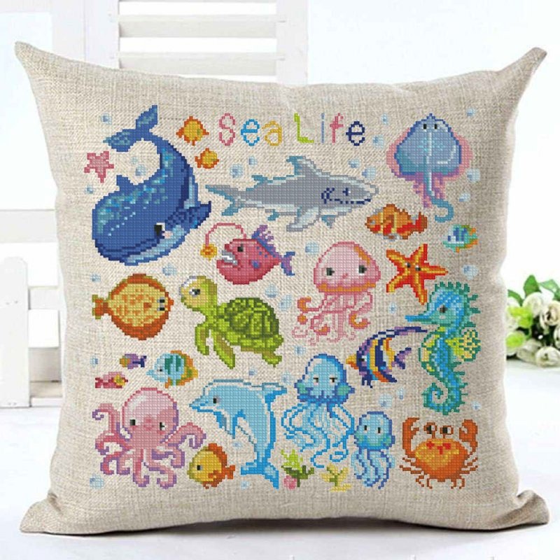 Sea Life Cross Stitch Pattern Set PDF, Ocean Animals Embroidery Bundle, Dolphin Turtle Jellyfish Fish Pattern, Marine Life Cross Stitch - NuttyHappyHobby