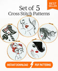 Set of 5 Woman Cross Stitch Patterns PDF Fashion Lady Embroidery Bundle Modern Face Art Instant Download Gift - NuttyHappyHobby