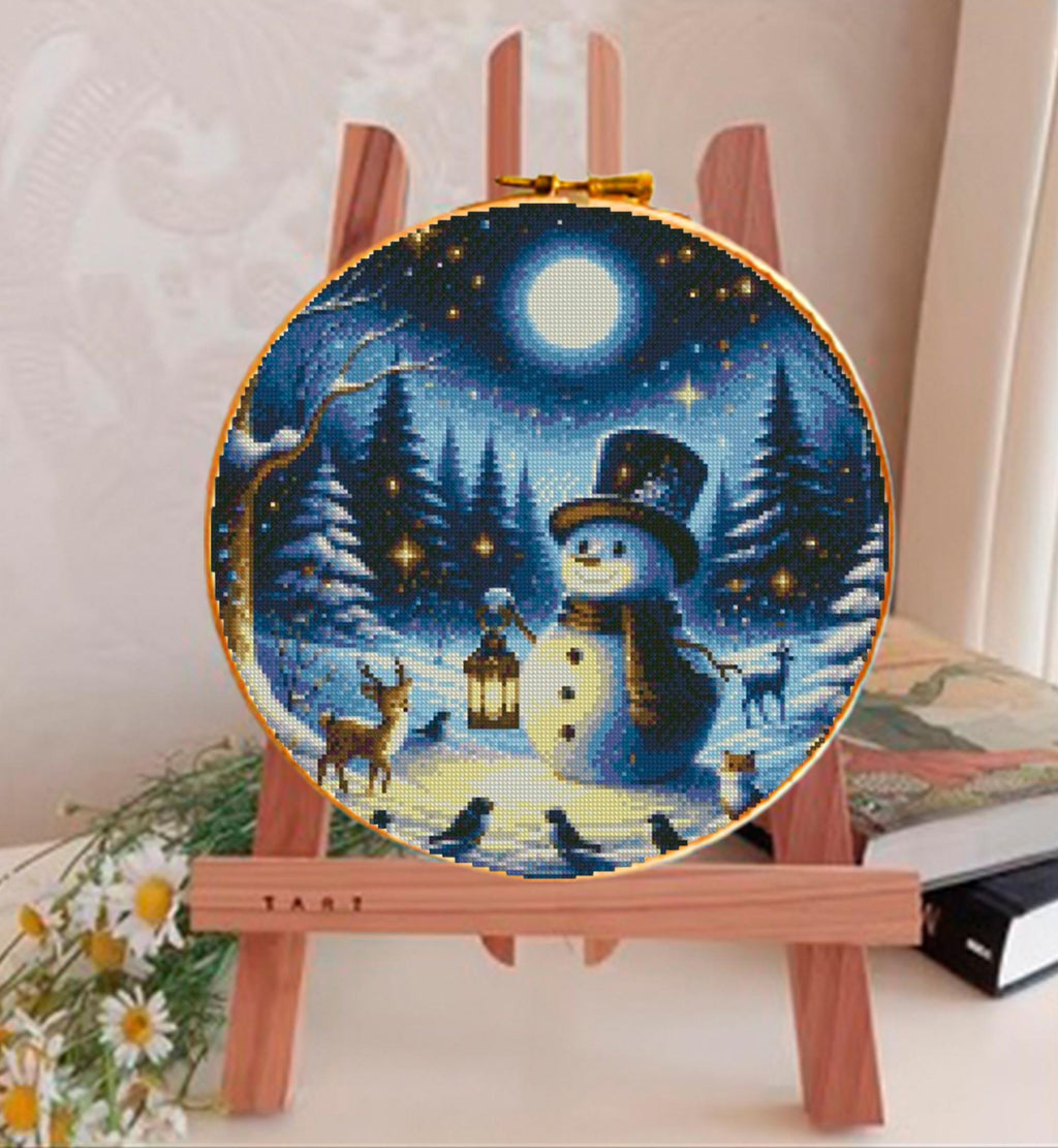 Snowman Cross Stitch Pattern PDF, Winter Night Landscape Embroidery Design, Christmas Snowman Needlework Chart, Holiday Decor embroidery - NuttyHappyHobby