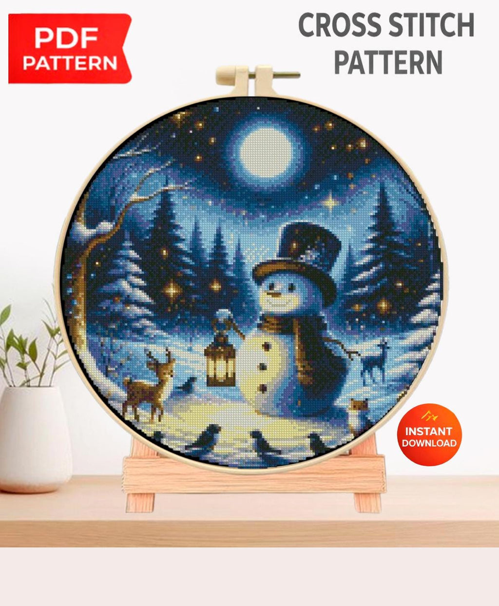 Snowman Cross Stitch Pattern PDF, Winter Night Landscape Embroidery Design, Christmas Snowman Needlework Chart, Holiday Decor embroidery - NuttyHappyHobby