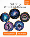 Space Cross Stitch Pattern Bundle PDF, Galaxy Embroidery Designs Set, Astronaut Planet Cross Stitch Charts, Cosmic Needlework patterns pdf - NuttyHappyHobby