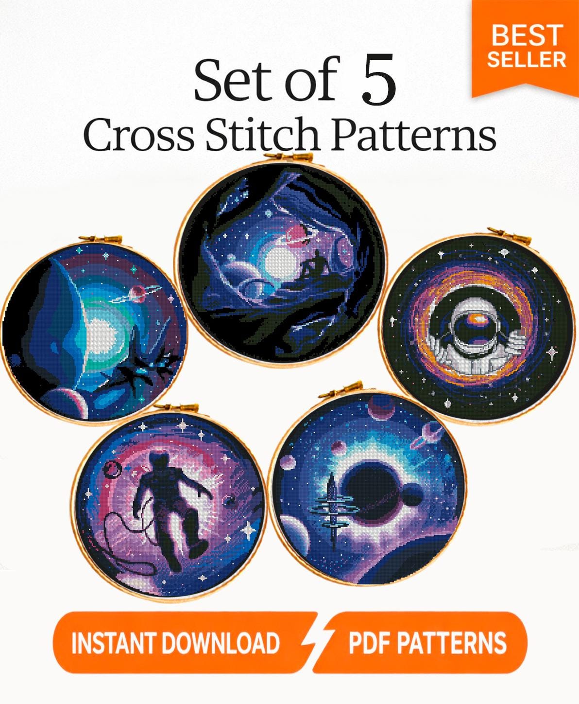 Space Cross Stitch Pattern Bundle PDF, Galaxy Embroidery Designs Set, Astronaut Planet Cross Stitch Charts, Cosmic Needlework patterns pdf - NuttyHappyHobby