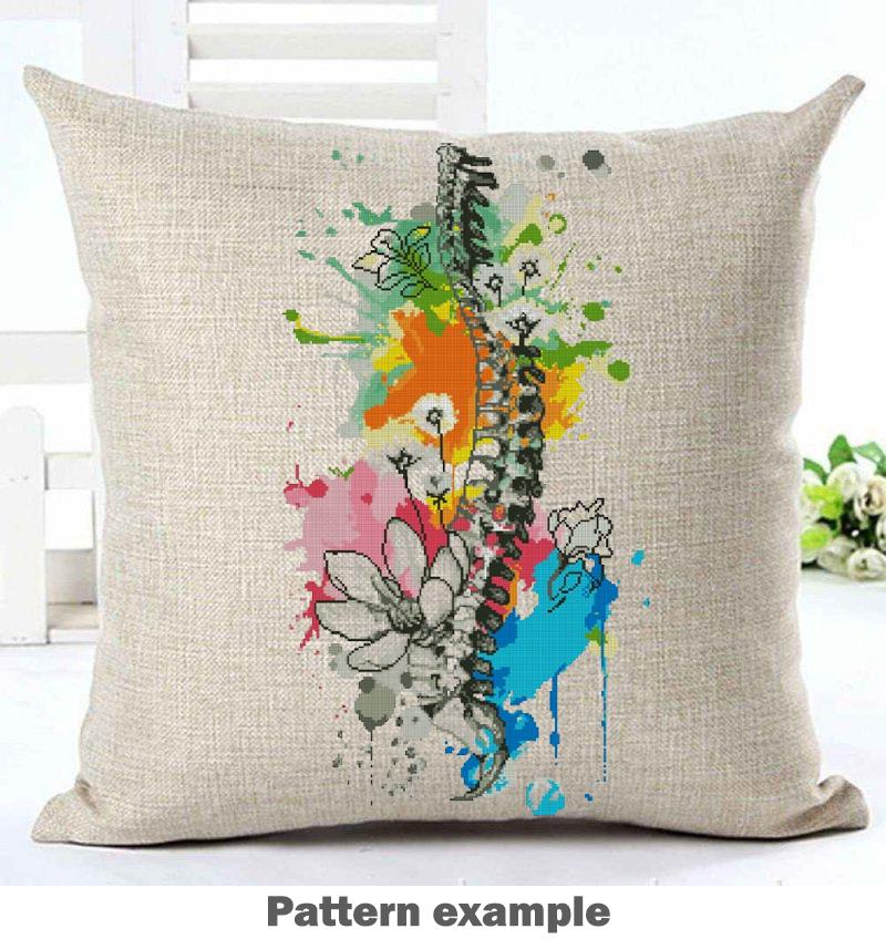 Spine Anatomy Cross Stitch Pattern PDF, Colorful Vertebrae Embroidery Chart, Modern Anatomical Art, Floral Skeleton Needlepoint, Download - NuttyHappyHobby