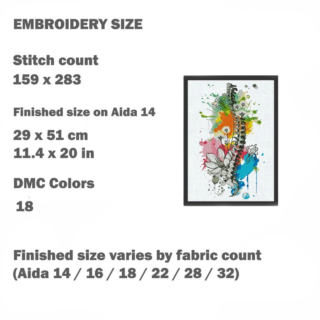Spine Anatomy Cross Stitch Pattern PDF, Colorful Vertebrae Embroidery Chart, Modern Anatomical Art, Floral Skeleton Needlepoint, Download - NuttyHappyHobby