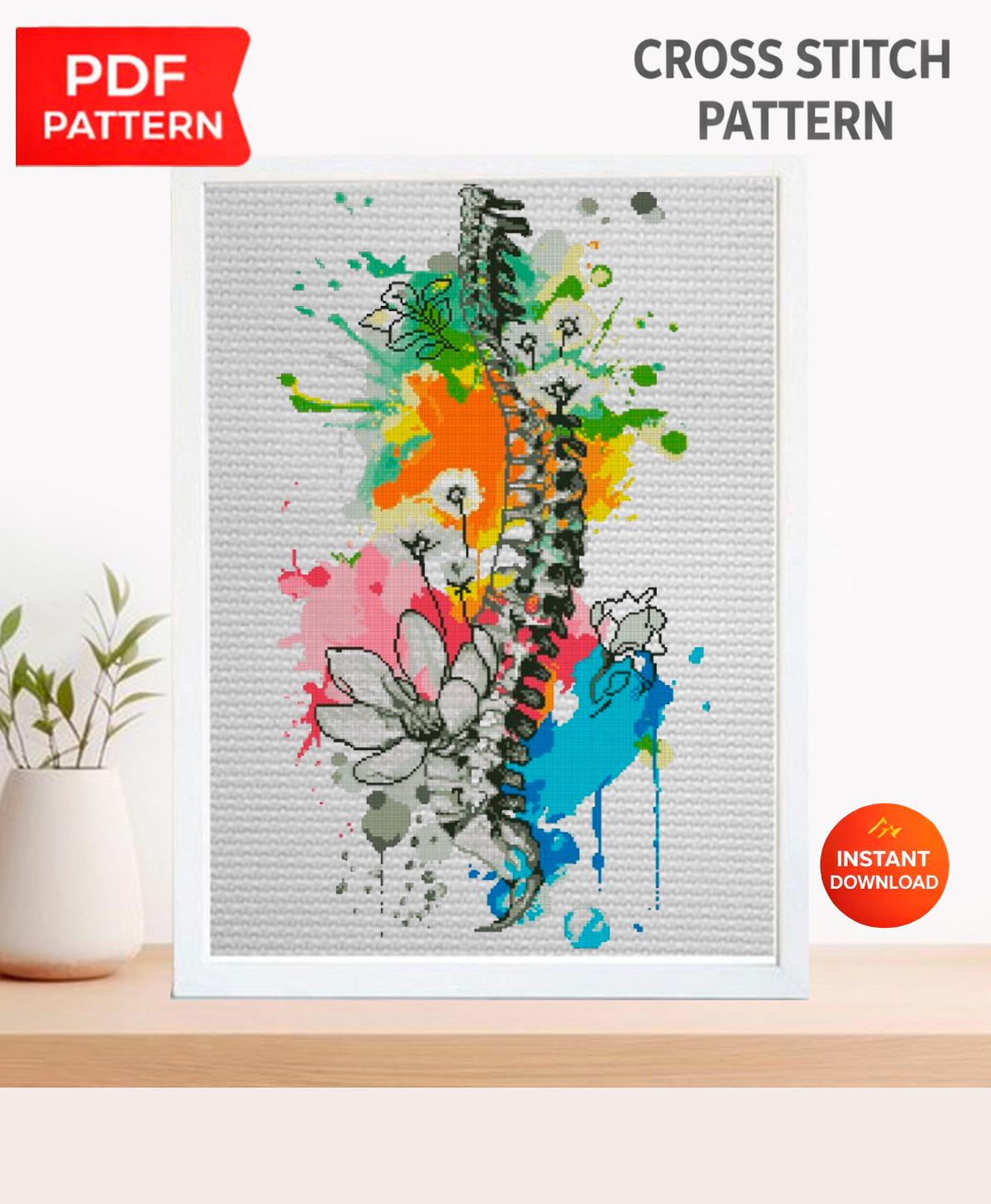 Spine Anatomy Cross Stitch Pattern PDF, Colorful Vertebrae Embroidery Chart, Modern Anatomical Art, Floral Skeleton Needlepoint, Download - NuttyHappyHobby