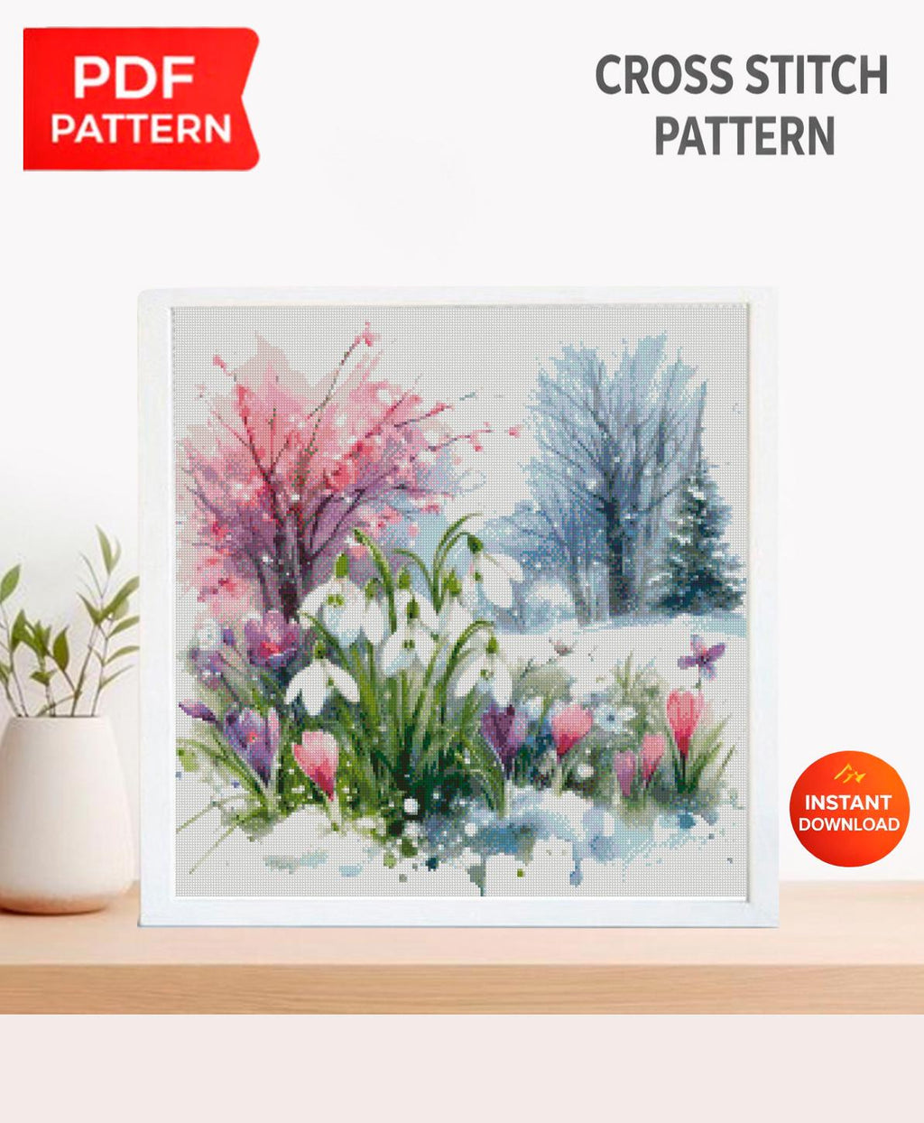 Spring Snowdrops Cross Stitch Pattern PDF, Snowdrop Flowers Landscape Embroidery Chart, Cottage Garden Nature Hoop Wall Art instant download - NuttyHappyHobby
