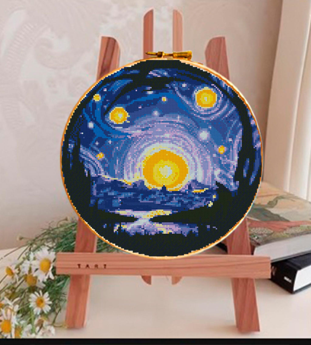 Starry Night Cross Stitch Pattern PDF, Moon Night Sky Landscape Embroidery Design, Circular Hoop Art Modern Cross Stitch Digital Download - NuttyHappyHobby