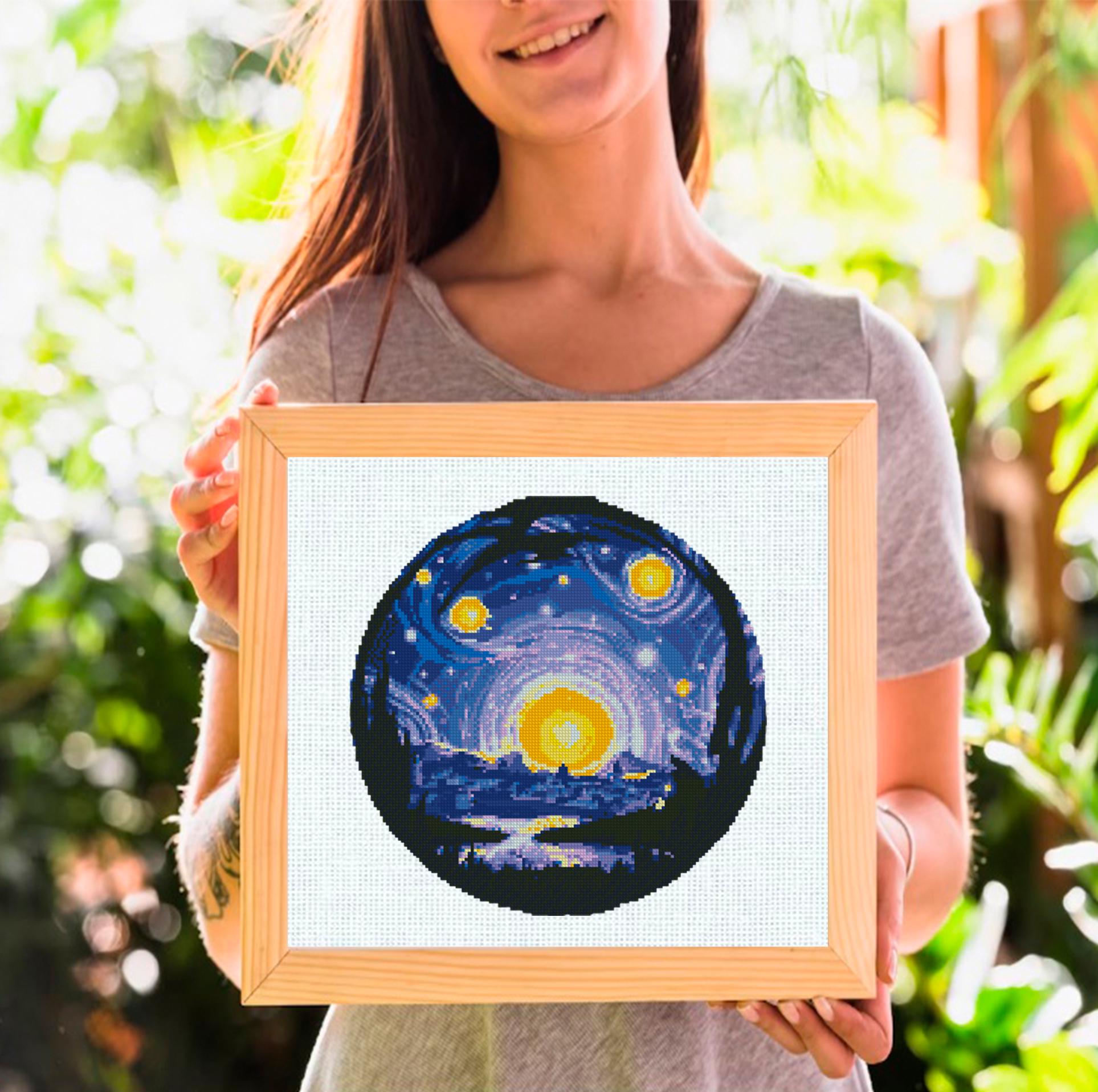 Starry Night Cross Stitch Pattern PDF, Moon Night Sky Landscape Embroidery Design, Circular Hoop Art Modern Cross Stitch Digital Download - NuttyHappyHobby
