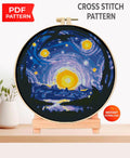 Starry Night Cross Stitch Pattern PDF, Moon Night Sky Landscape Embroidery Design, Circular Hoop Art Modern Cross Stitch Digital Download - NuttyHappyHobby