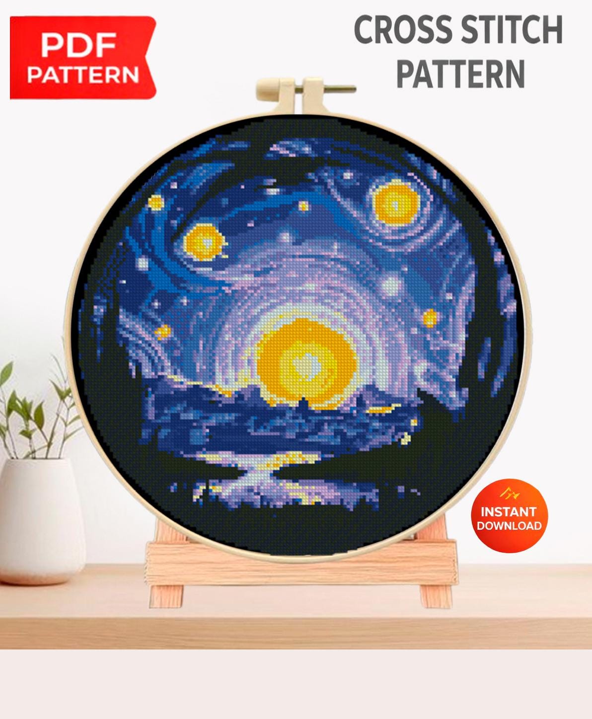 Starry Night Cross Stitch Pattern PDF, Moon Night Sky Landscape Embroidery Design, Circular Hoop Art Modern Cross Stitch Digital Download - NuttyHappyHobby