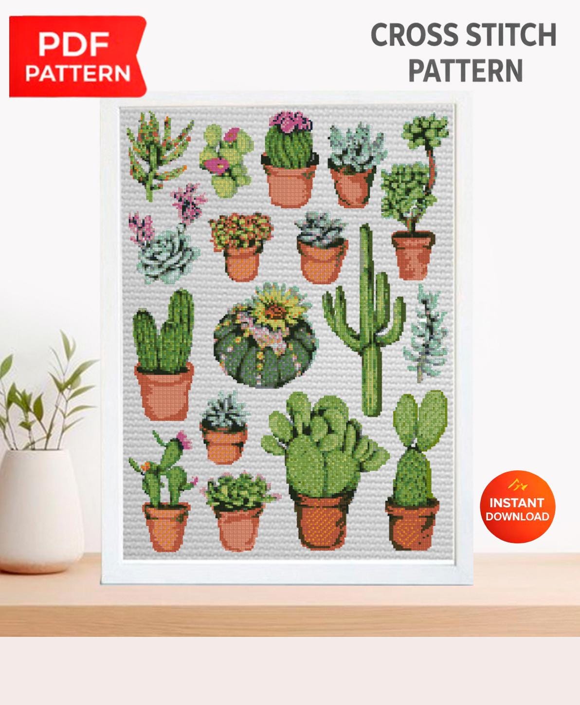 Succulent Cross Stitch Pattern PDF, Cactus Cross Stitch Chart, Botanical Embroidery Design, Plant Lover Gift, Modern Needlework, Download - NuttyHappyHobby
