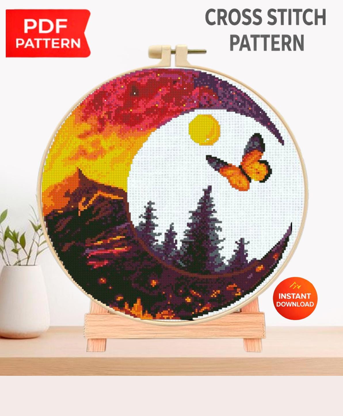 Sunset Landscape Cross Stitch Pattern PDF, Butterfly Forest Mountain Embroidery Design, Nature Moon Circle Cross Stitch Digital Download pdf - NuttyHappyHobby