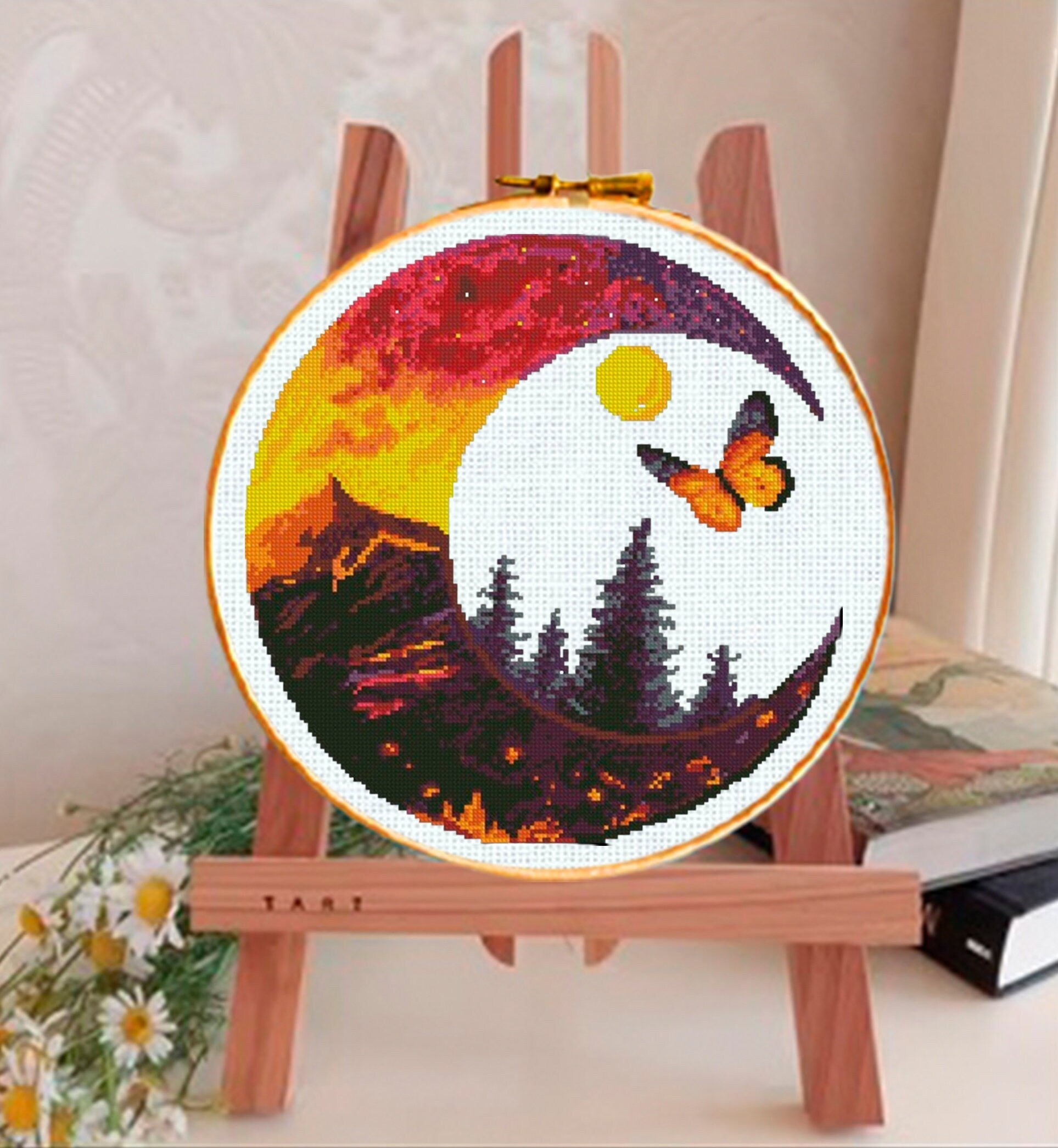 Sunset Landscape Cross Stitch Pattern PDF, Butterfly Forest Mountain Embroidery Design, Nature Moon Circle Cross Stitch Digital Download pdf - NuttyHappyHobby