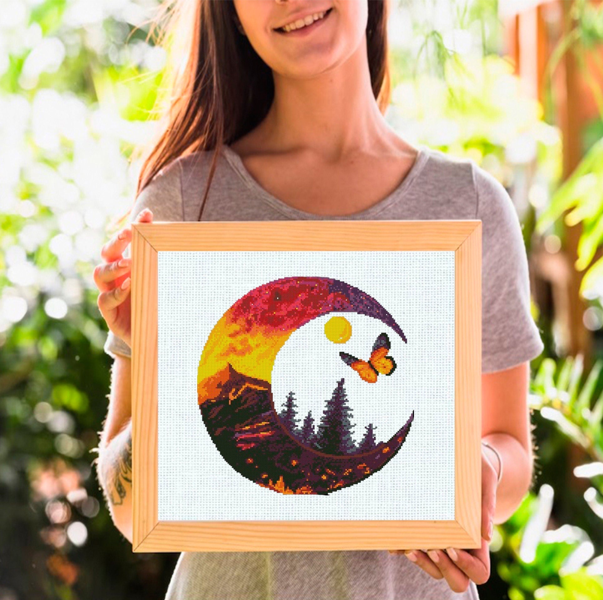 Sunset Landscape Cross Stitch Pattern PDF, Butterfly Forest Mountain Embroidery Design, Nature Moon Circle Cross Stitch Digital Download pdf - NuttyHappyHobby