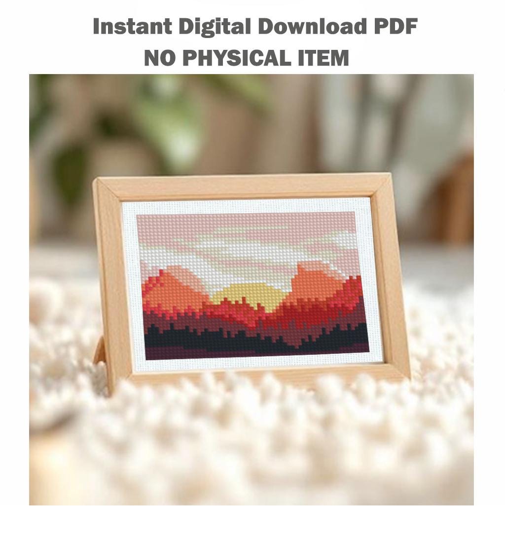 Sunset Mountain Cross Stitch Pattern PDF, Mountain Landscape Embroidery Design, Nature Scenery Modern Cross Stitch Digital Download pdf - NuttyHappyHobby
