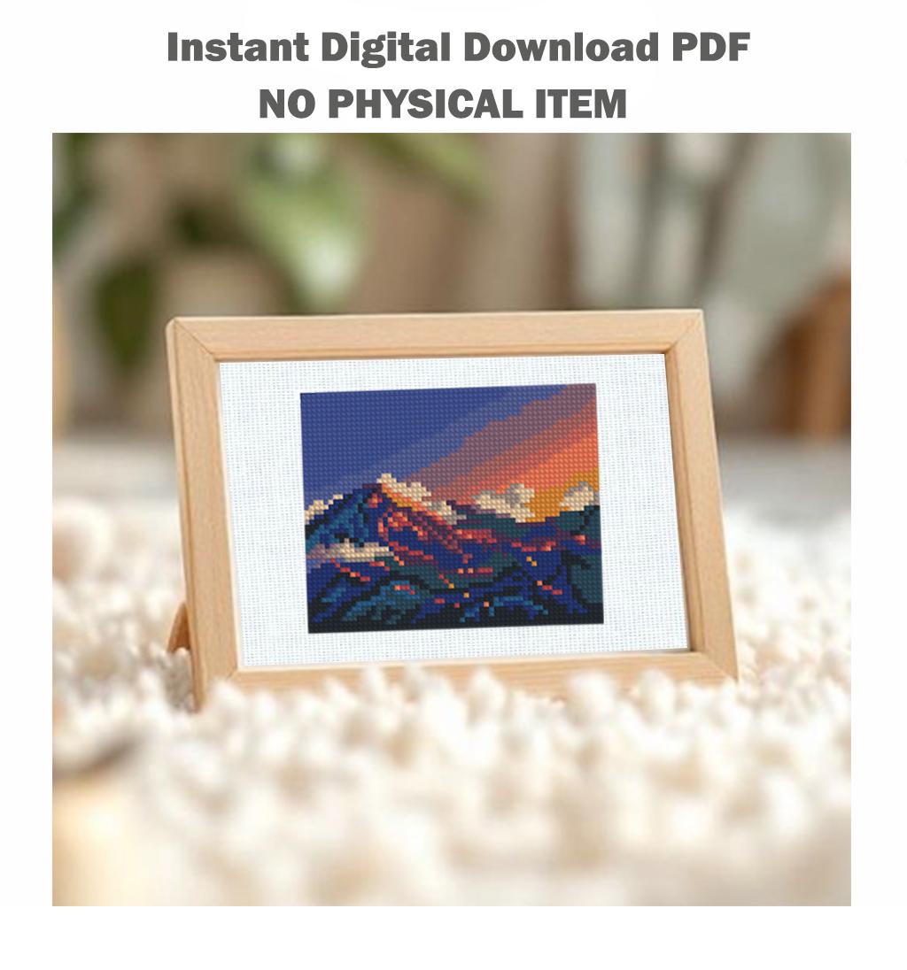 Sunset Mountain Cross Stitch Pattern PDF, Mountain Landscape Embroidery Design, Nature Scenery Modern Cross Stitch Digital Download pdf - NuttyHappyHobby