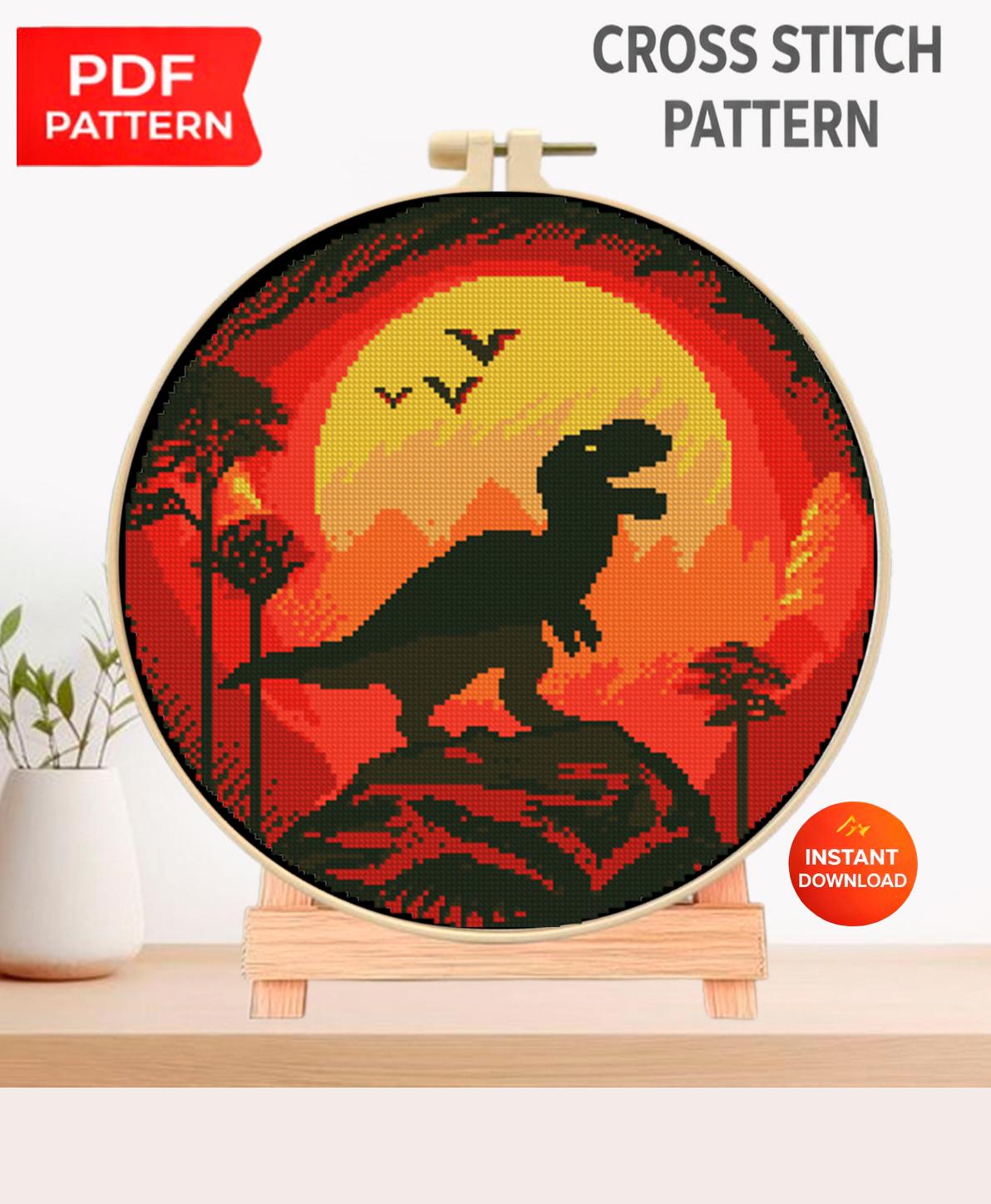 T - Rex Dinosaur Cross Stitch Pattern PDF, Fiery Sunset Silhouette Embroidery Design, Jurassic Prehistoric Wall Art, Instant Download Chart - NuttyHappyHobby