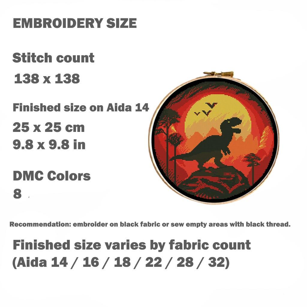 T - Rex Dinosaur Cross Stitch Pattern PDF, Fiery Sunset Silhouette Embroidery Design, Jurassic Prehistoric Wall Art, Instant Download Chart - NuttyHappyHobby