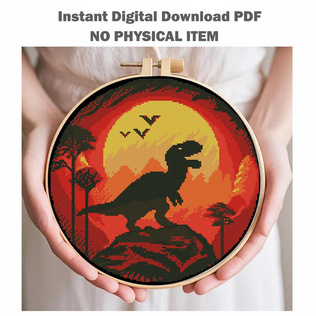 T - Rex Dinosaur Cross Stitch Pattern PDF, Fiery Sunset Silhouette Embroidery Design, Jurassic Prehistoric Wall Art, Instant Download Chart - NuttyHappyHobby