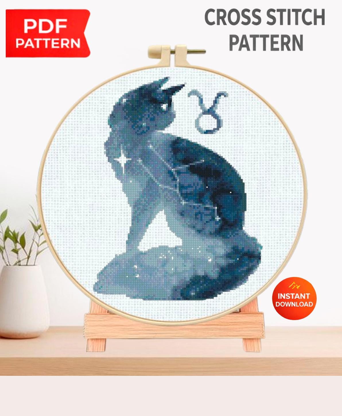 Taurus Cat Cross Stitch Pattern PDF, Zodiac Cat Embroidery Design, Taurus Astrology Cross Stitch Chart, Celestial Cat Needlework download - NuttyHappyHobby