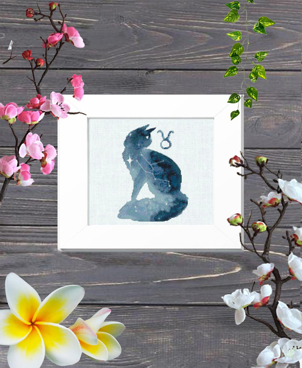 Taurus Cat Cross Stitch Pattern PDF, Zodiac Cat Embroidery Design, Taurus Astrology Cross Stitch Chart, Celestial Cat Needlework download - NuttyHappyHobby