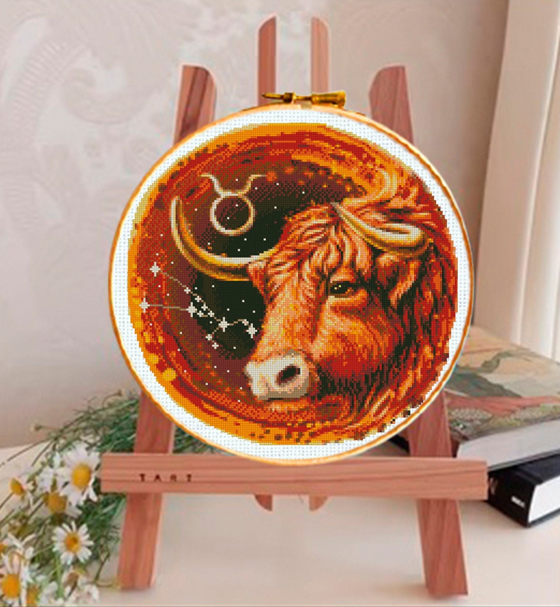 Taurus Zodiac Cross Stitch Pattern PDF, Bull Astrology Embroidery Design, Taurus Constellation Stitch Chart, Celestial Horoscope Needlework - NuttyHappyHobby