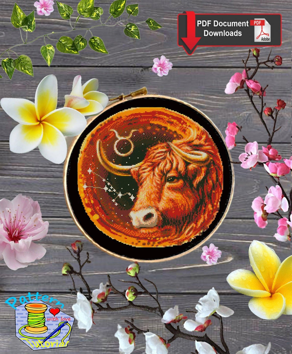 Taurus Zodiac Cross Stitch Pattern PDF, Bull Astrology Embroidery Design, Taurus Constellation Stitch Chart, Celestial Horoscope Needlework - NuttyHappyHobby