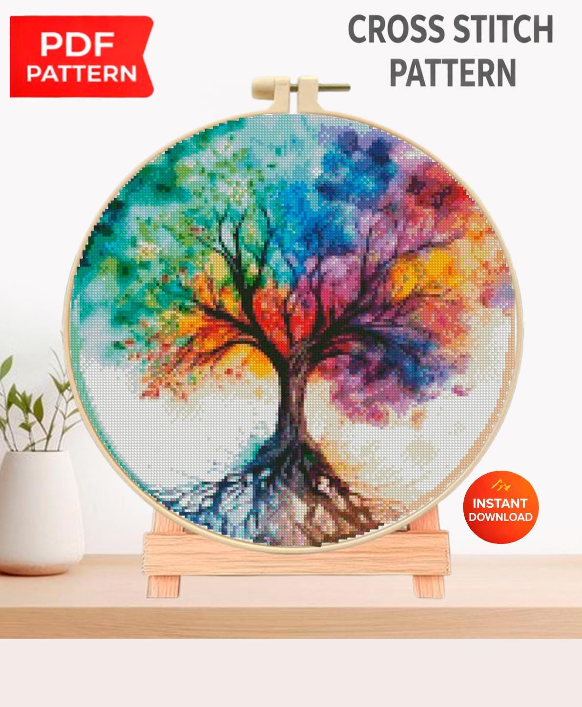 Tree of Life Cross Stitch Pattern PDF, Colorful Rainbow Tree Embroidery Design, Spiritual Nature Hoop Art Modern Cross Stitch - NuttyHappyHobby