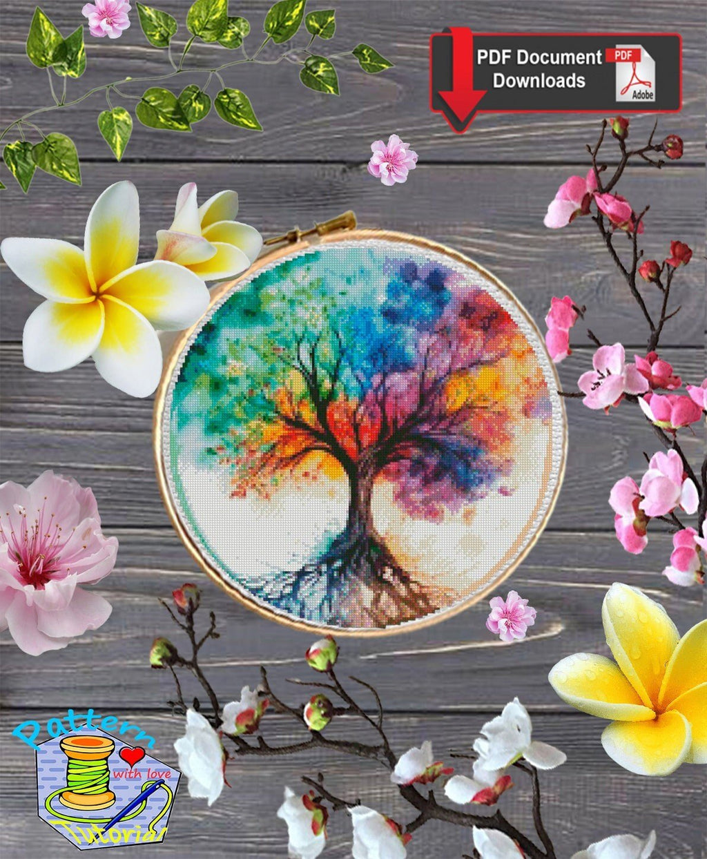 Tree of Life Cross Stitch Pattern PDF, Colorful Rainbow Tree Embroidery Design, Spiritual Nature Hoop Art Modern Cross Stitch - NuttyHappyHobby