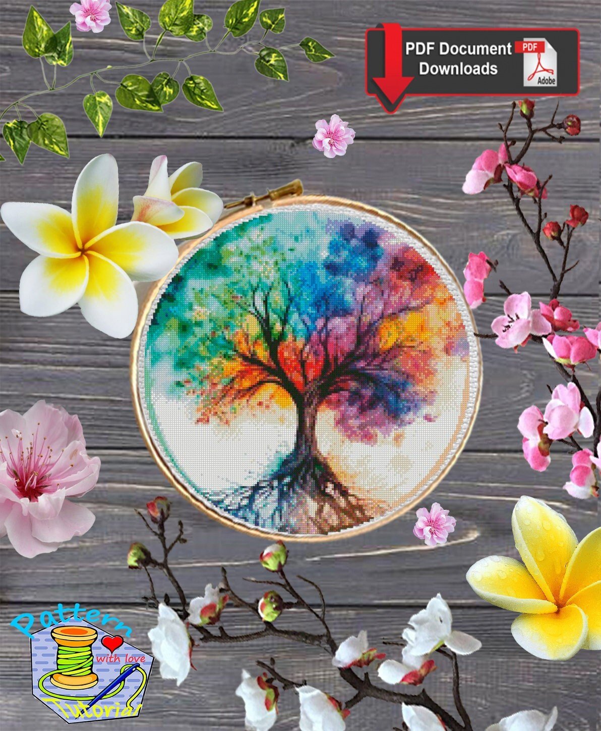 Tree of Life Cross Stitch Pattern PDF, Colorful Rainbow Tree Embroidery Design, Spiritual Nature Hoop Art Modern Cross Stitch - NuttyHappyHobby